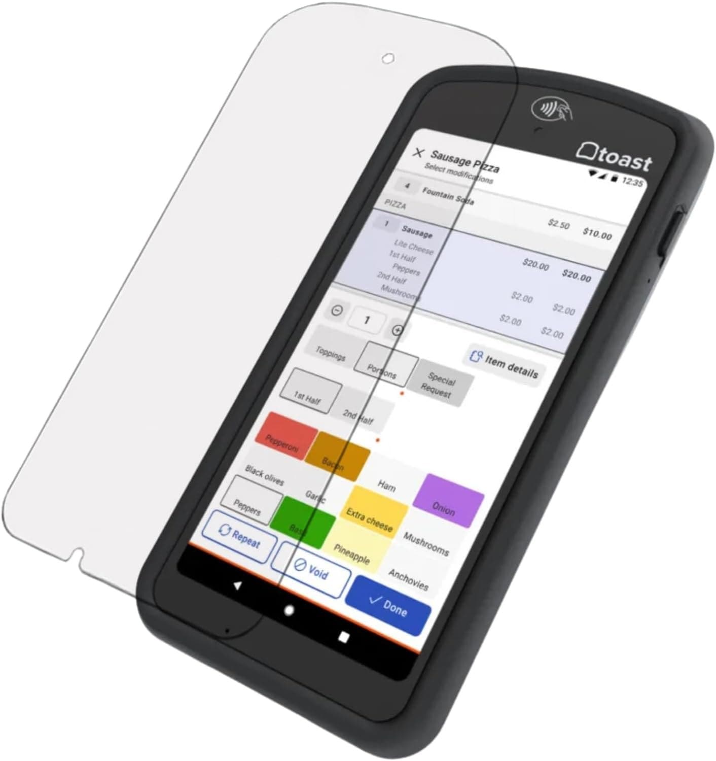 Tempered glass screen protector aligned over a Toast Go 2 handheld