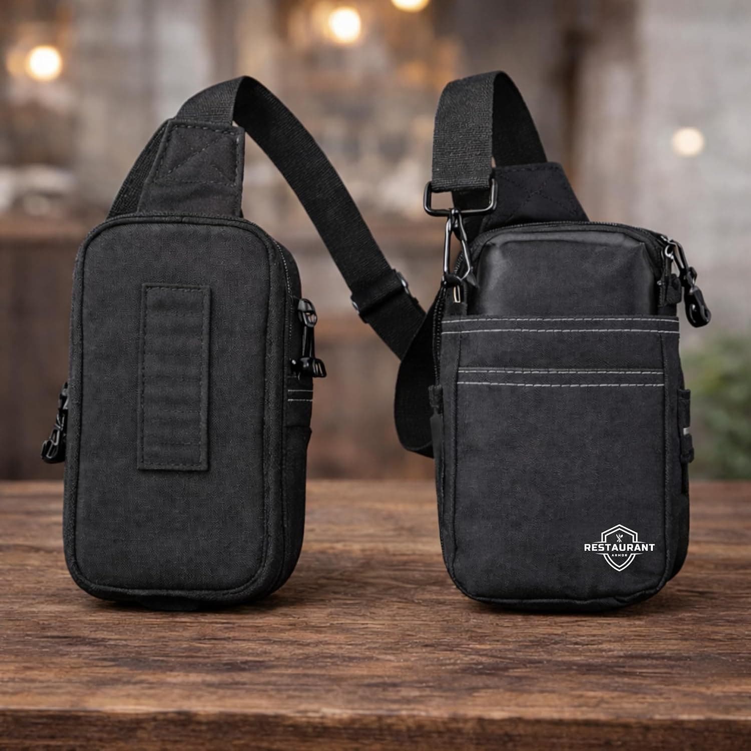 Server wearing a Restaurant Armor holster with a Toast handheld