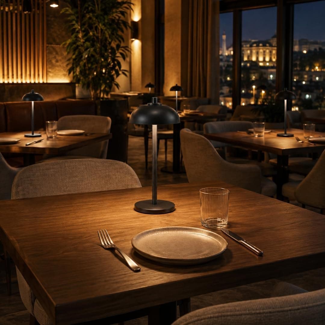 Matte black cordless table lamp glowing on a set restaurant table at night