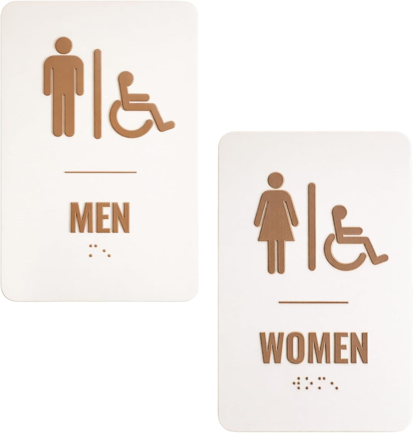 Beige and brown ADA men and women restroom signs with Braille