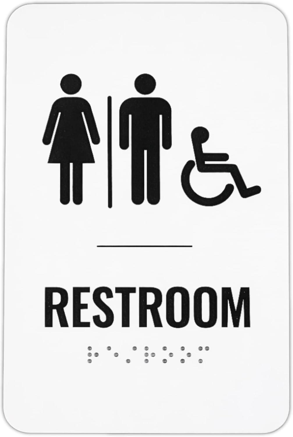 Black and white unisex ADA restroom sign with wheelchair icon and Braille