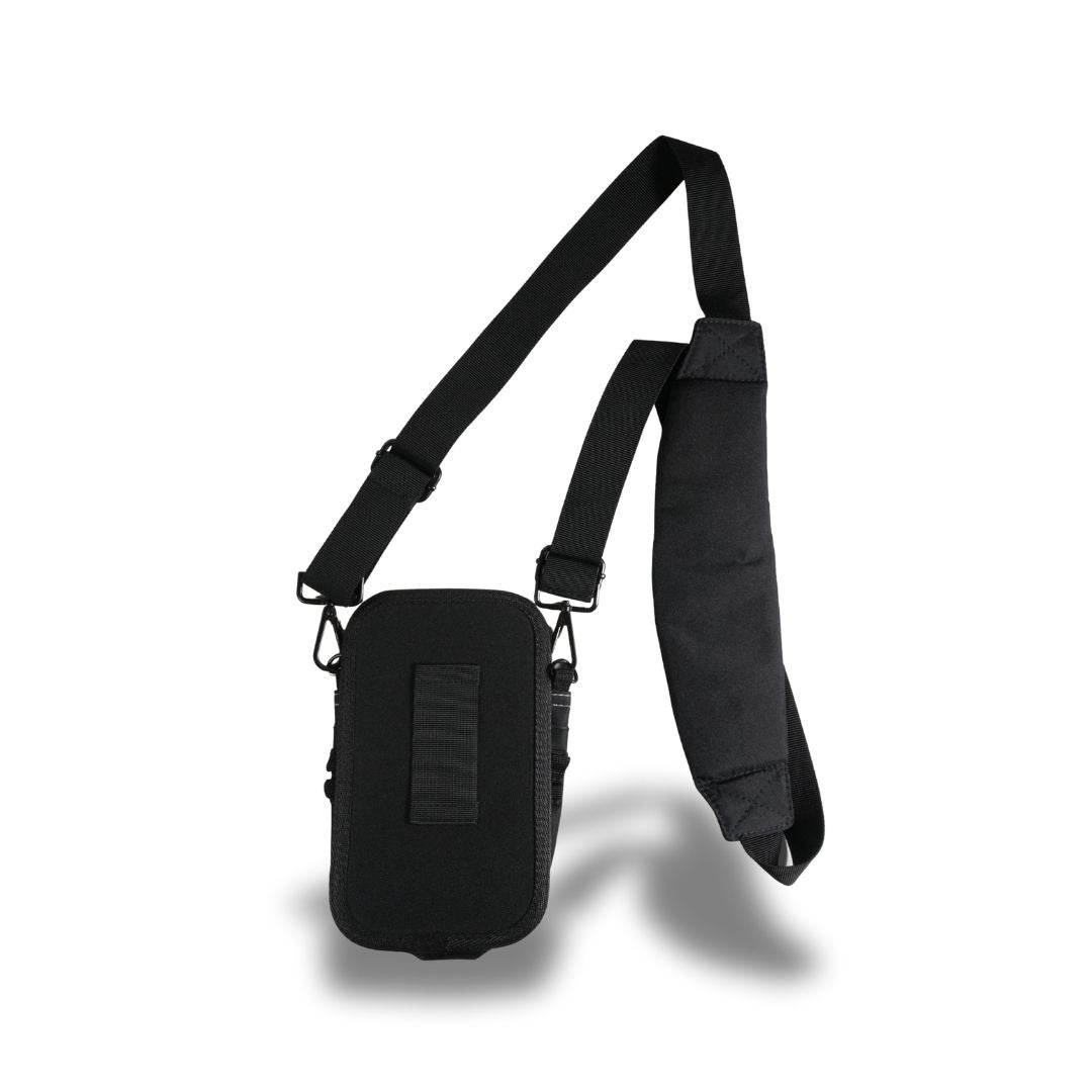 Black restaurant POS holster with adjustable shoulder strap, shown from the back on a white background.