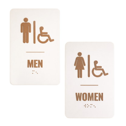 Two restroom signs for men and women with accessibility icons on a white background