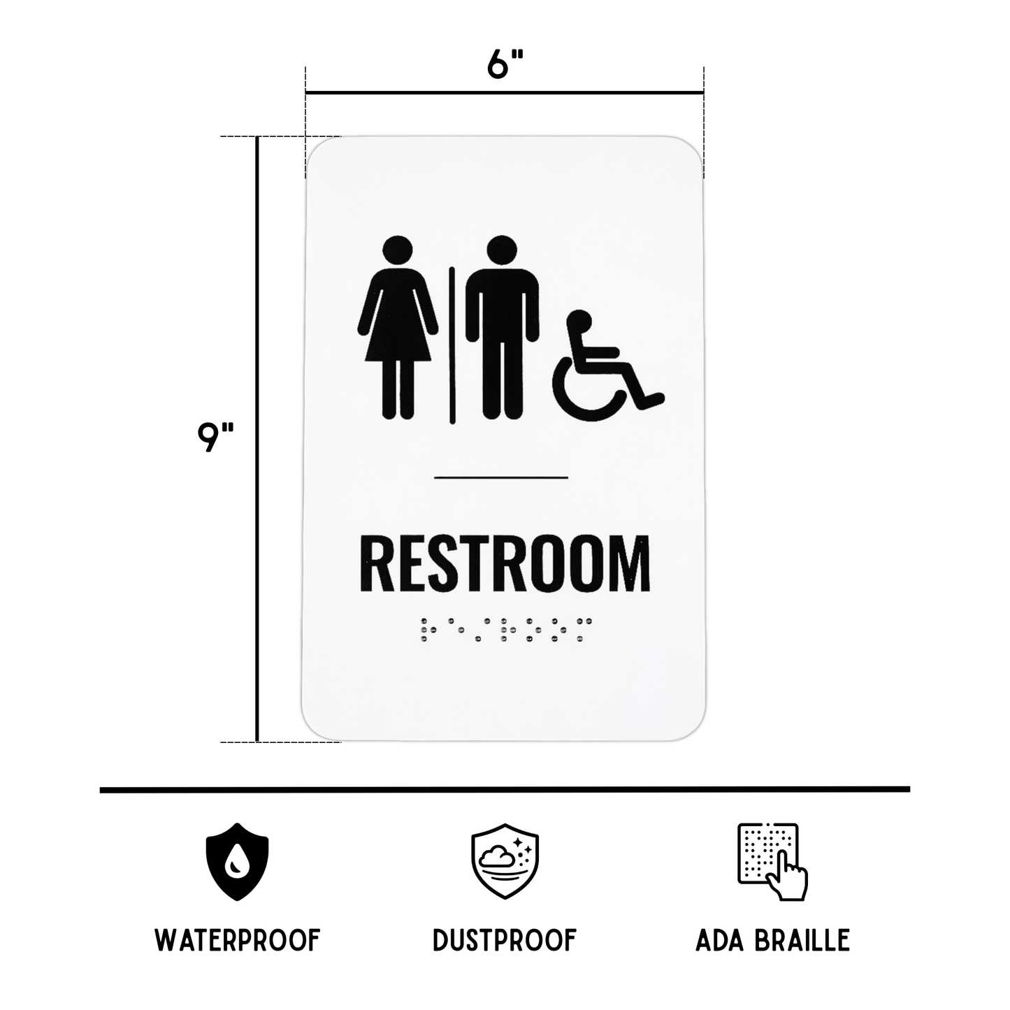 Restroom sign with accessibility icons and dimensions on a white background
