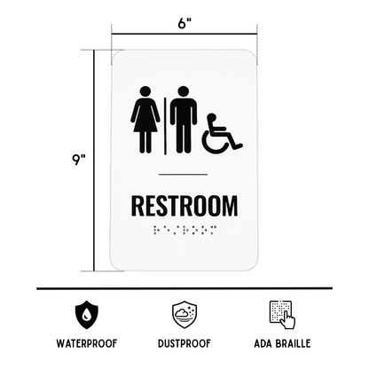 Restroom sign with accessibility icons and dimensions on a white background