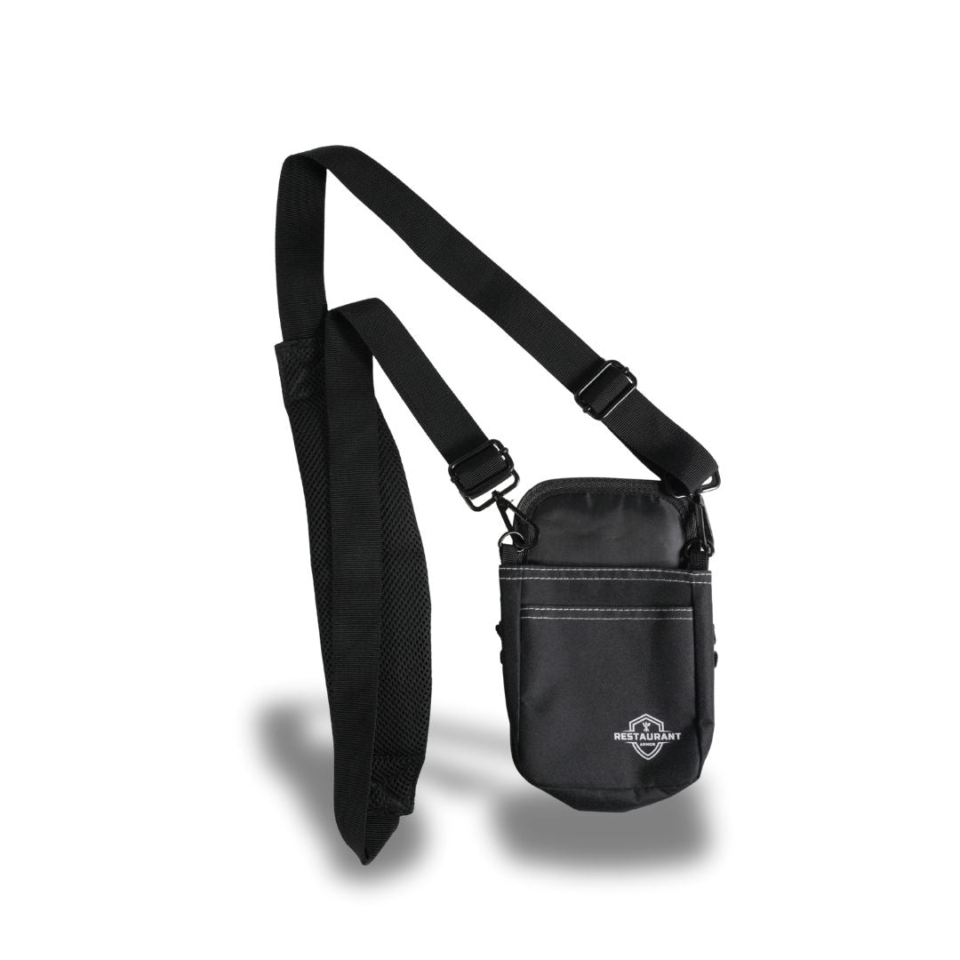 Black Restaurant Armor POS holster with padded shoulder strap and front pocket, isolated on a white background.