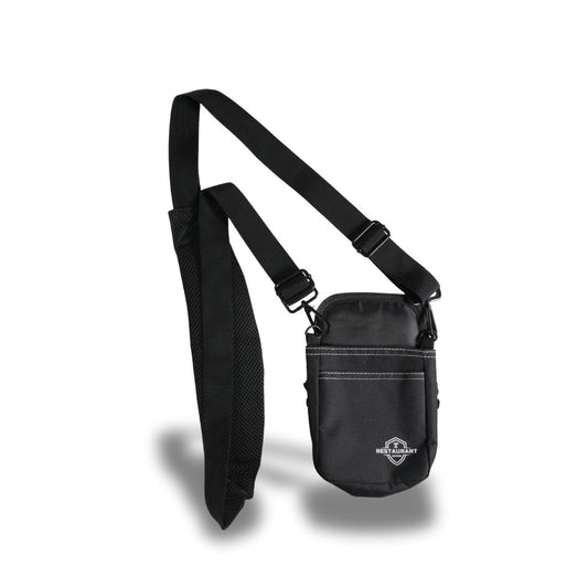 Black Restaurant Armor POS holster with padded shoulder strap and front pocket, isolated on a white background.