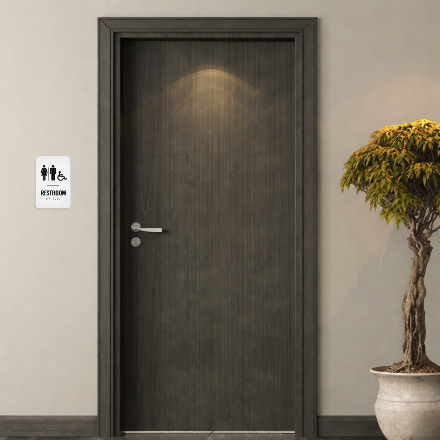 Dark wooden door with a unisex restroom sign on a beige wall next to it, next to a potted plant.