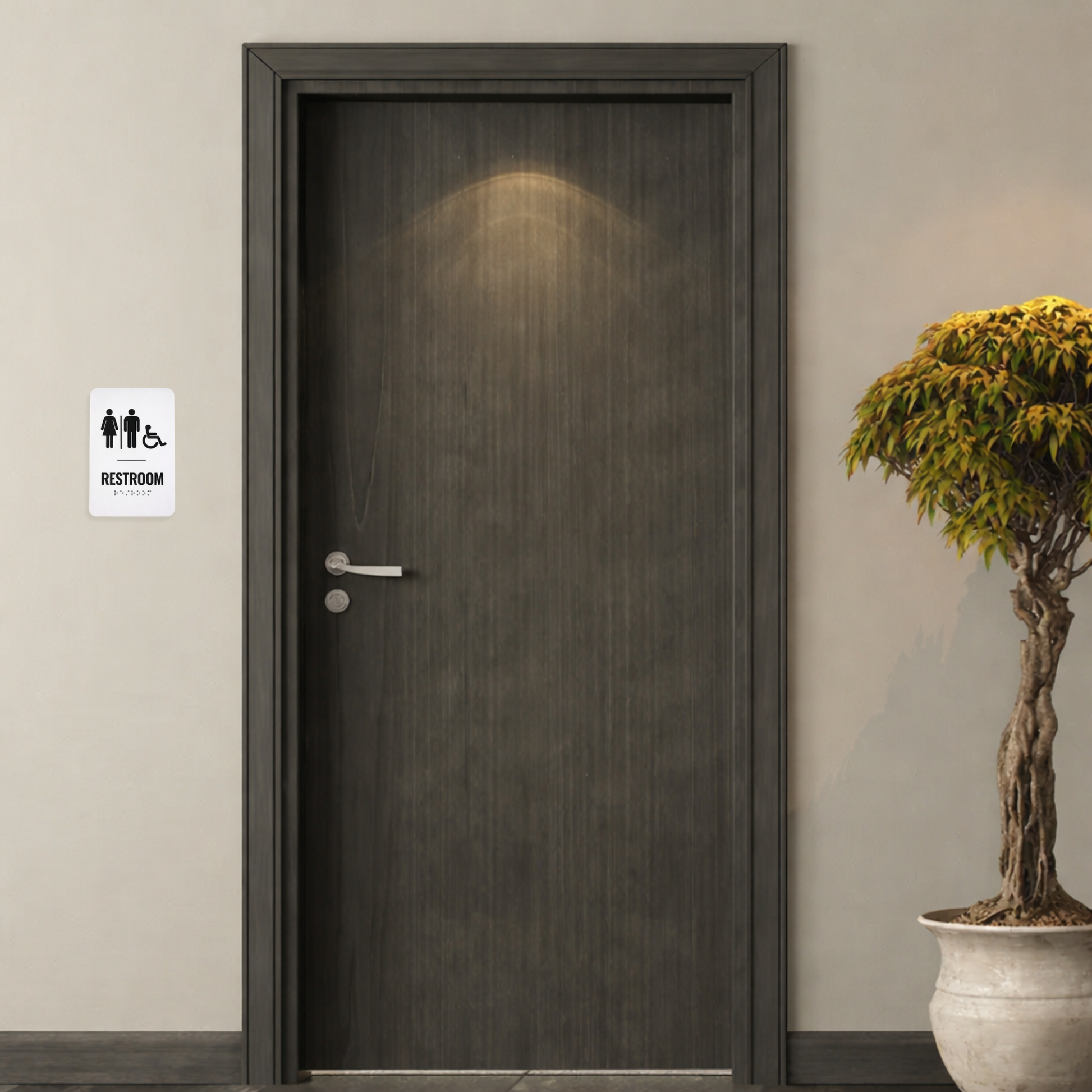 Dark wooden door with a unisex restroom sign on a beige wall next to it, next to a potted plant.