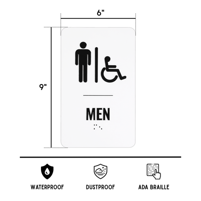 Men's restroom sign with accessibility icon, dimensions, and features on a white background