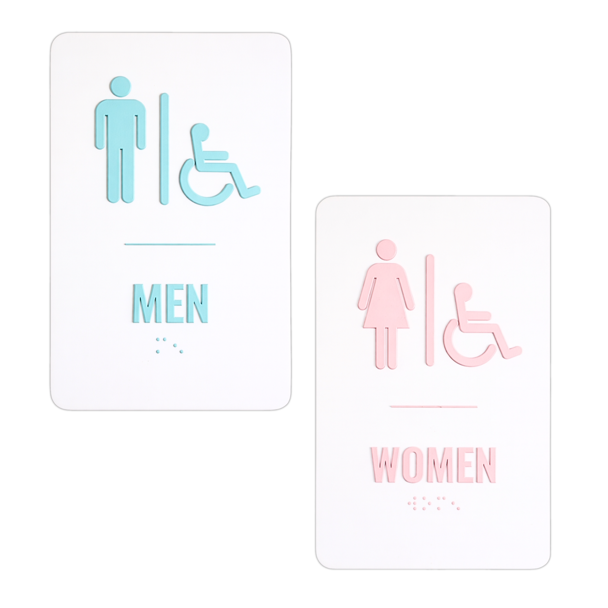 pink and blue restroom signs with accessibility symbols on a white background