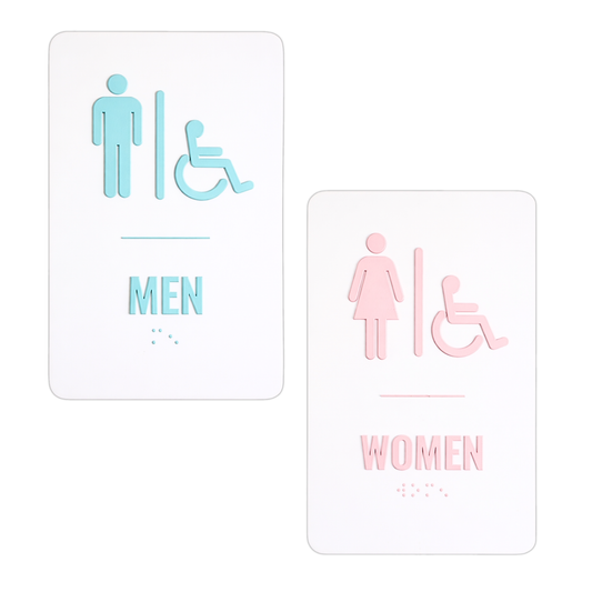 pink and blue restroom signs with accessibility symbols on a white background