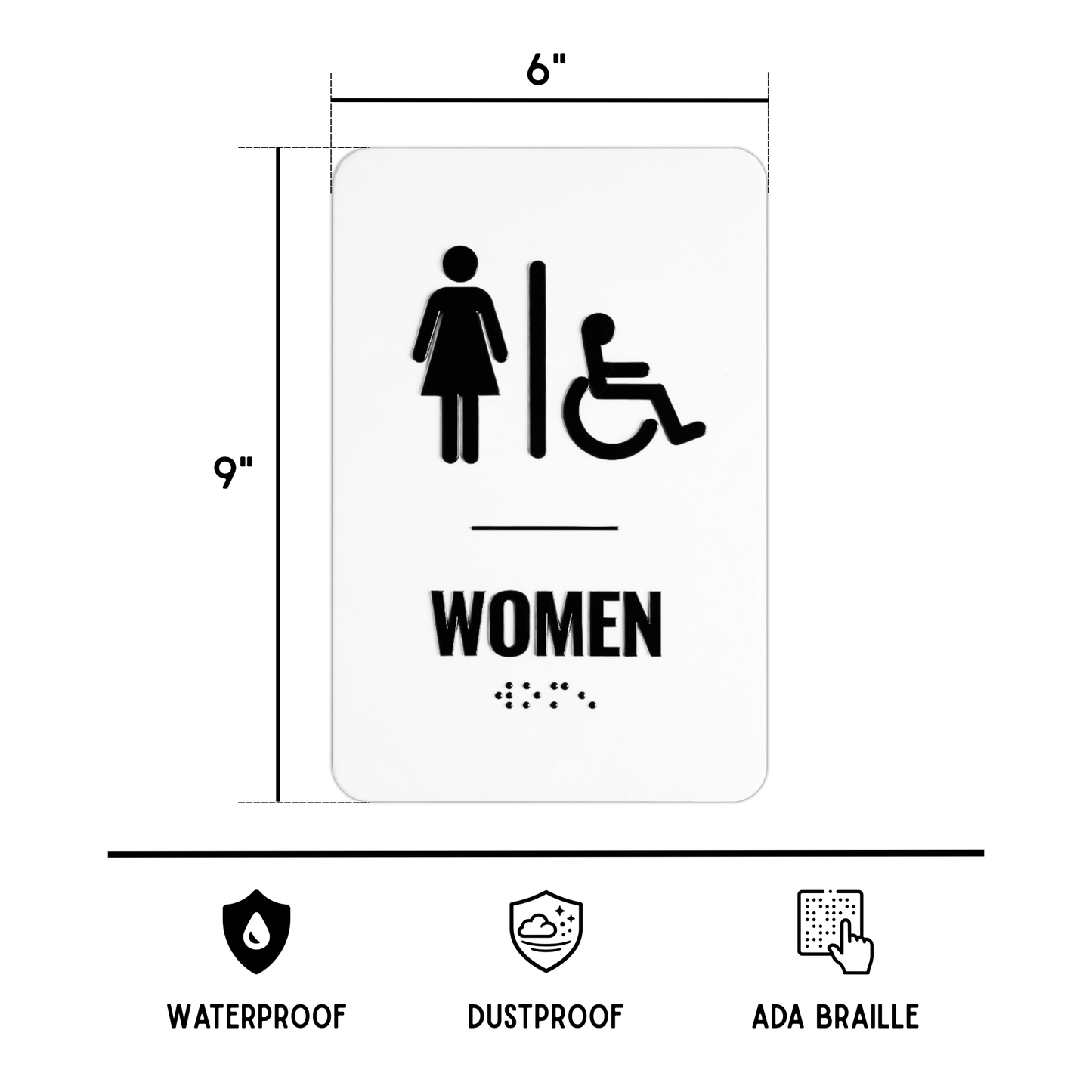ADA compliant women's restroom sign with dimensions and features on a white background