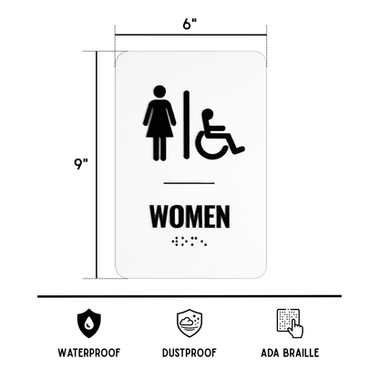 ADA compliant women's restroom sign with dimensions and features on a white background