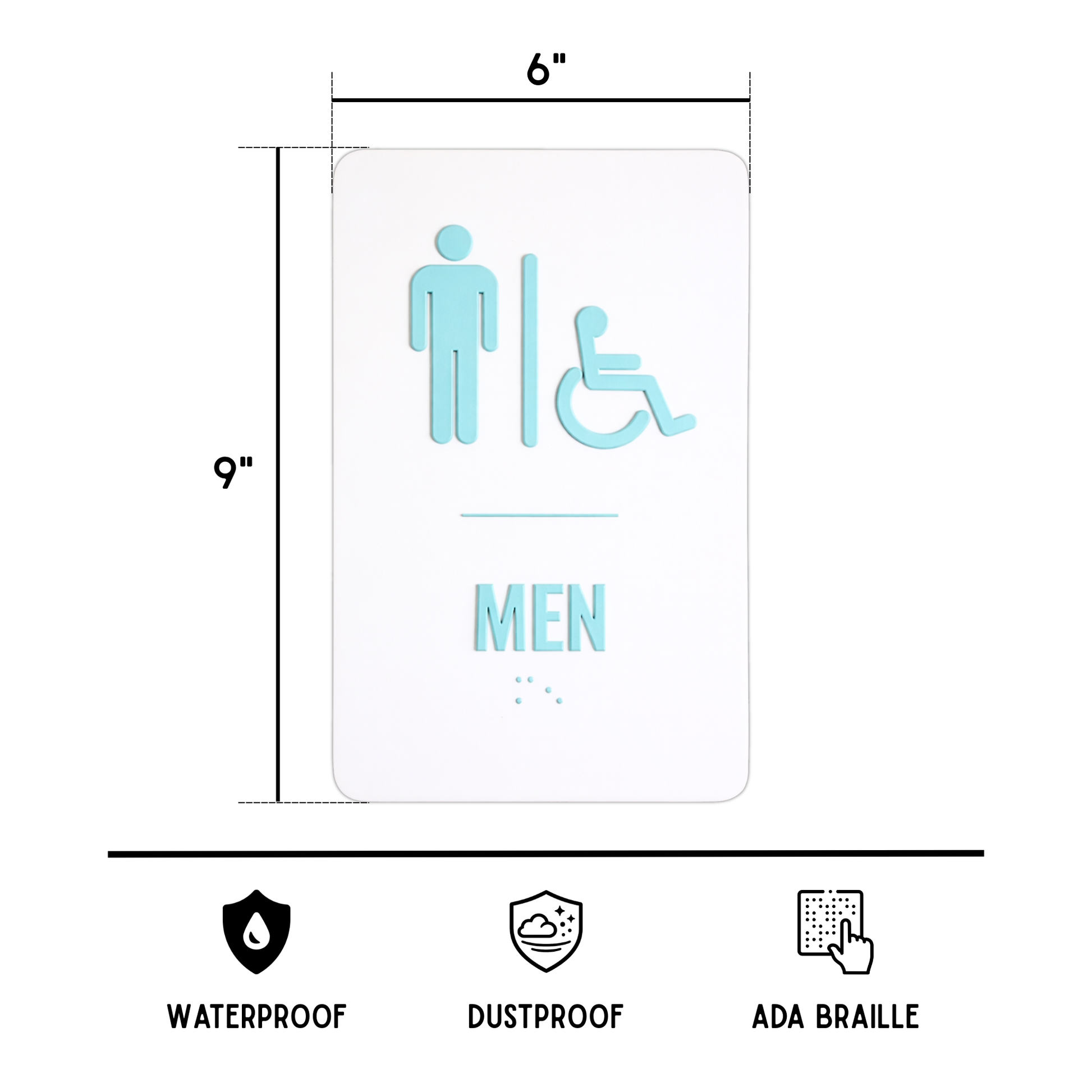 blue Men's restroom sign with accessibility icon, dimensions, and features on a white background
