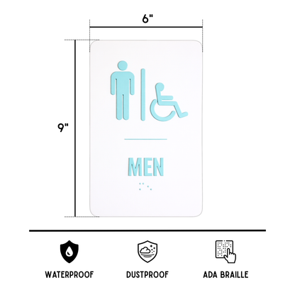 blue Men's restroom sign with accessibility icon, dimensions, and features on a white background