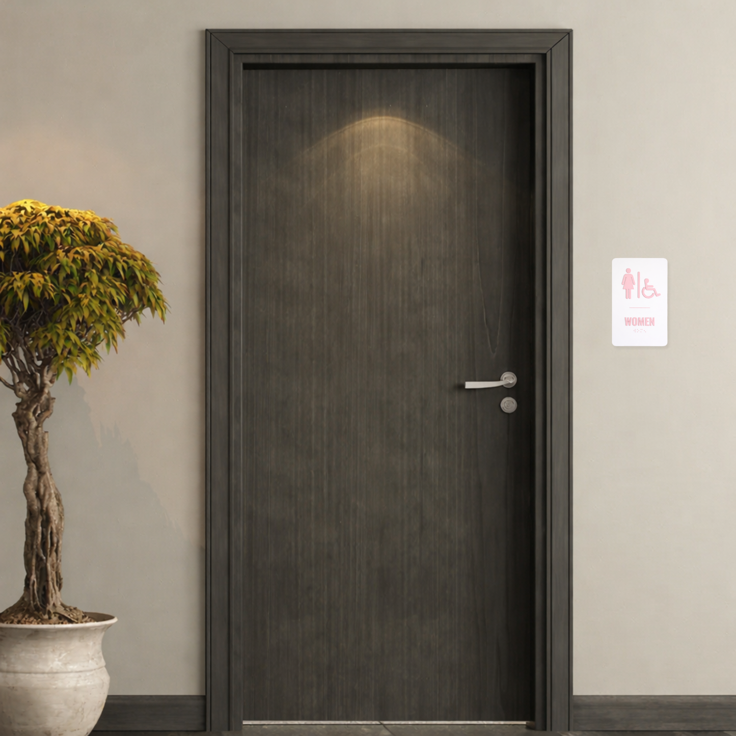 Dark wooden door with a potted plant and a restroom sign on a light gray wall