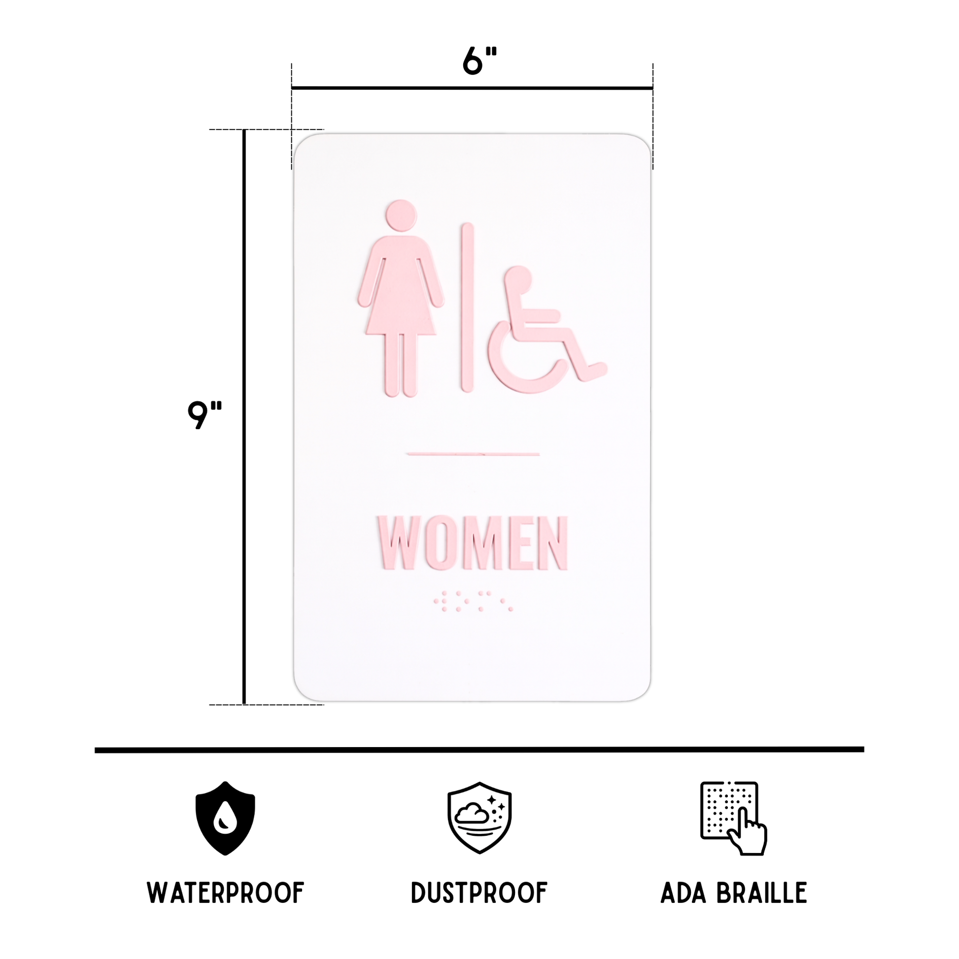 pink women's restroom sign with accessibility icons, dimensions, waterproof, dustproof, and ADA Braille indicators.