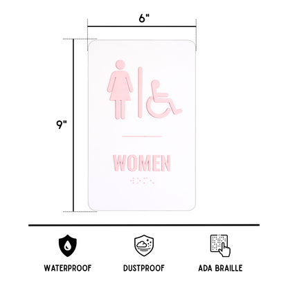 pink women's restroom sign with accessibility icons, dimensions, waterproof, dustproof, and ADA Braille indicators.