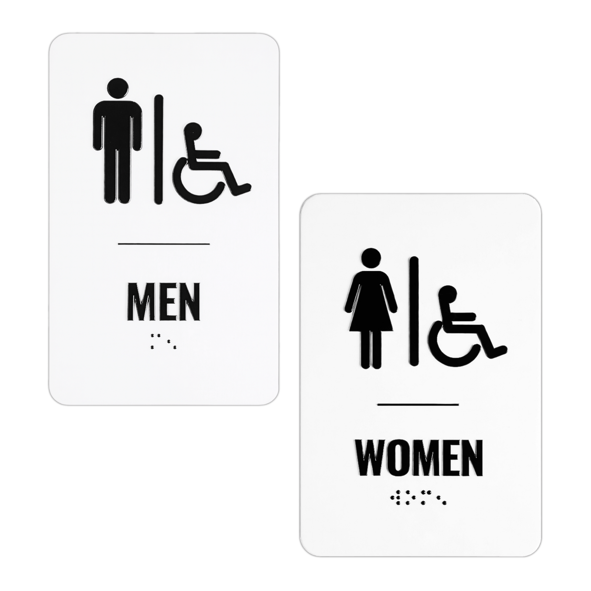 Two restroom signs for men and women with accessibility symbols on a white background.