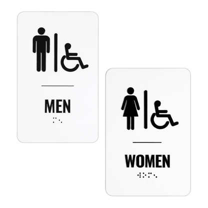 Two restroom signs for men and women with accessibility symbols on a white background.