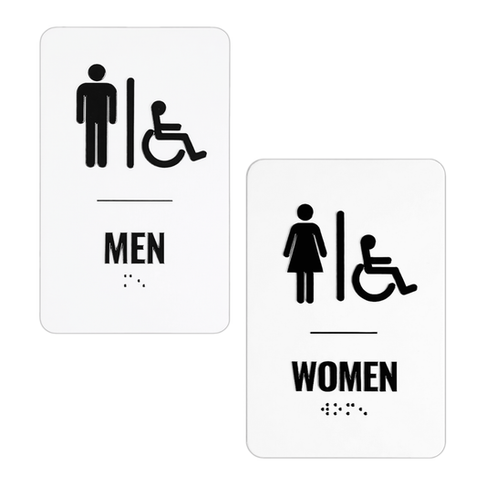 Two restroom signs for men and women with accessibility symbols on a white background.