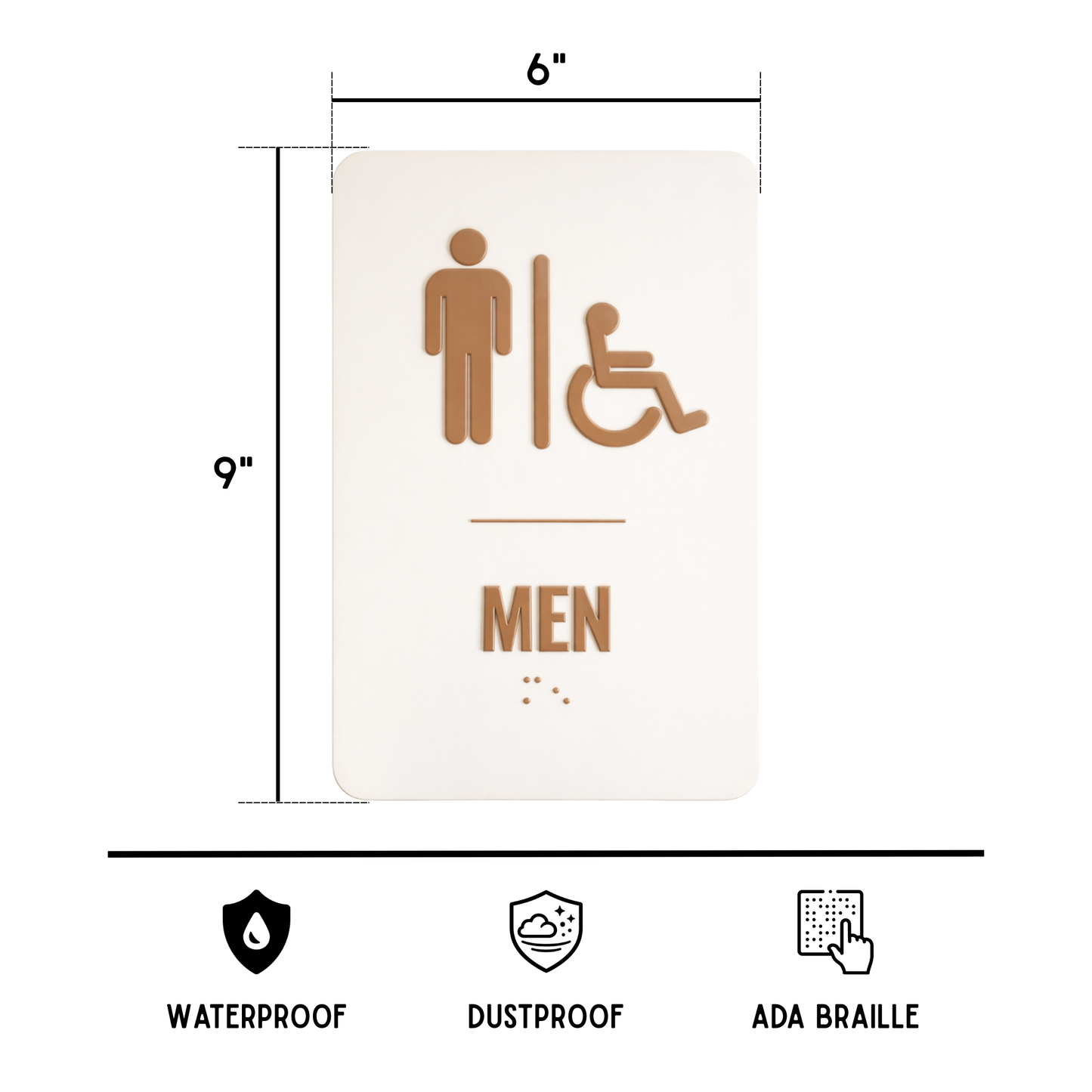 beige brown Men's restroom sign with accessibility icon, dimensions, and features on a white background