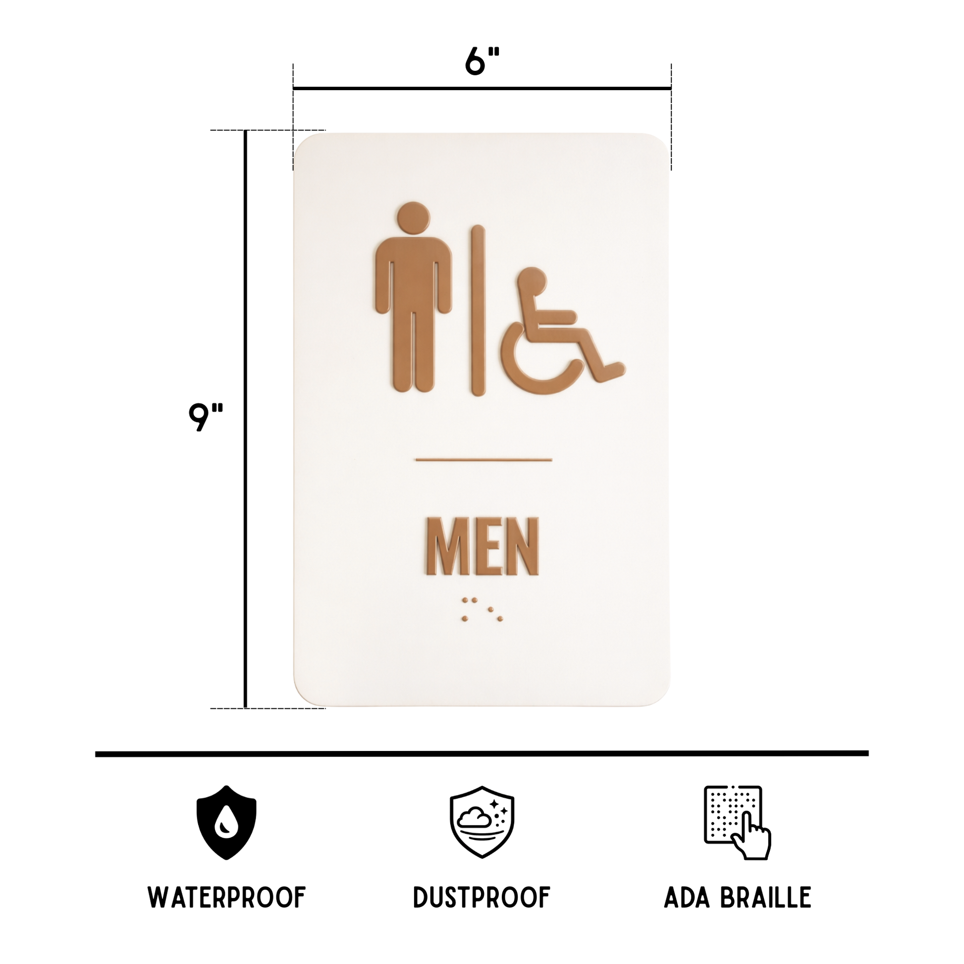beige brown Men's restroom sign with accessibility icon, dimensions, and features on a white background