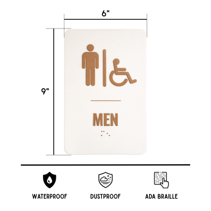 beige brown Men's restroom sign with accessibility icon, dimensions, and features on a white background