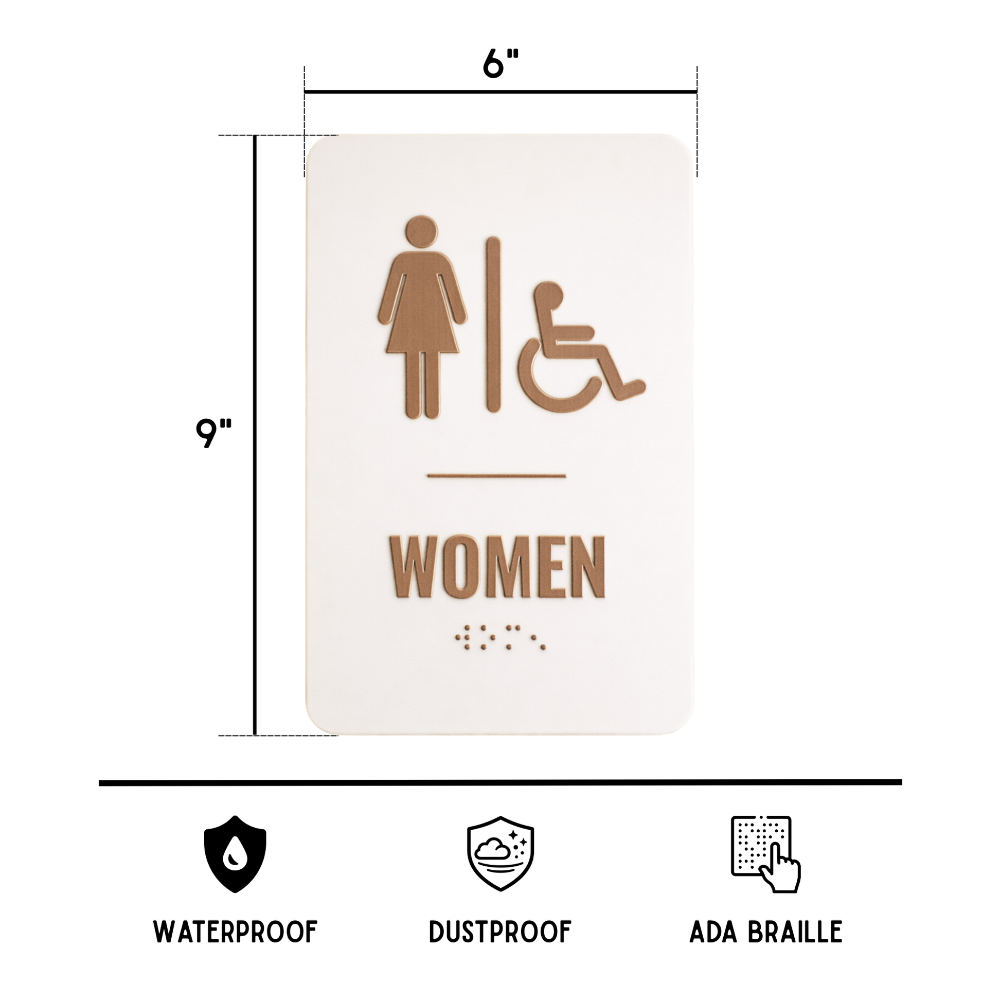 ADA compliant women's restroom sign with dimensions and features on a white background