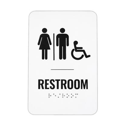 Restroom sign with accessibility icon on a white background